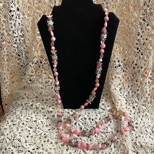 Vintage pink flower beaded necklace extra long